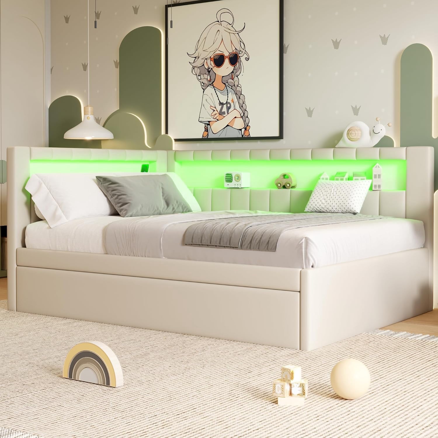 AISWORD Full Size Daybed with Trundle and L-Shaped Bookshelf Headboard, Upholstered Soft Corner Bed with Storage Shelves, Charging Station and LED Belt, White