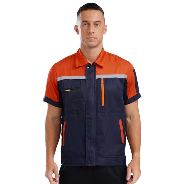 Sxiwei Men's Work Coat Jacket Reflective Multiple Pockets Workwear Workshop for Machine Workers Orange&Navy Blue 165/M