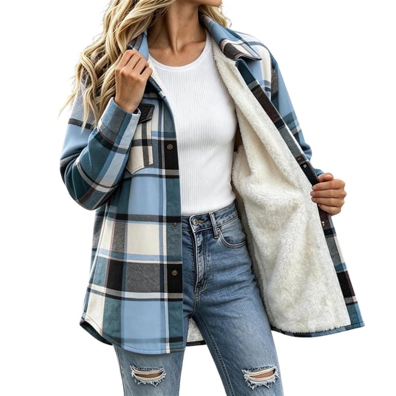 Sherpa Lined Plaid Jacket Women Long Sleeve Shacket Coat Button Down Spread Collar Warm Winter Shackets with Chest Pockets Casual Outerwear