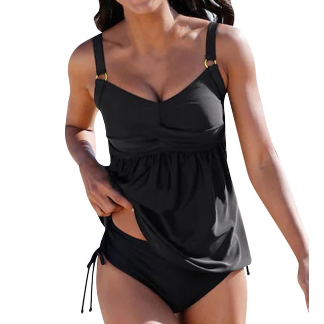 Gibobby Conjunto de Bikini corto para barriga con control de natación, traje de baño tipo blusa, dos piezas de traje de baño superior, para mujer, traje (Negro,M)