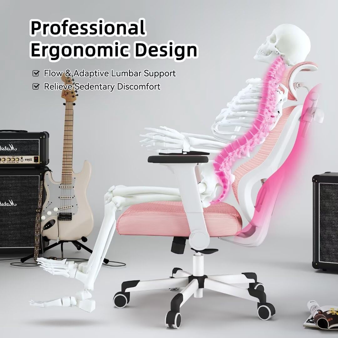 Frelaxbone Adult Mesh High Back Indoor Residential Adjustable Armrest Office Chairs, Caster,  Pink