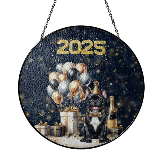 Happy New Year French Bulldog Welcome 2025 Balloon Firework Party Stained Glass Suncatcher Dog Lover Gifts Window Hanging Sign Decor - 01014