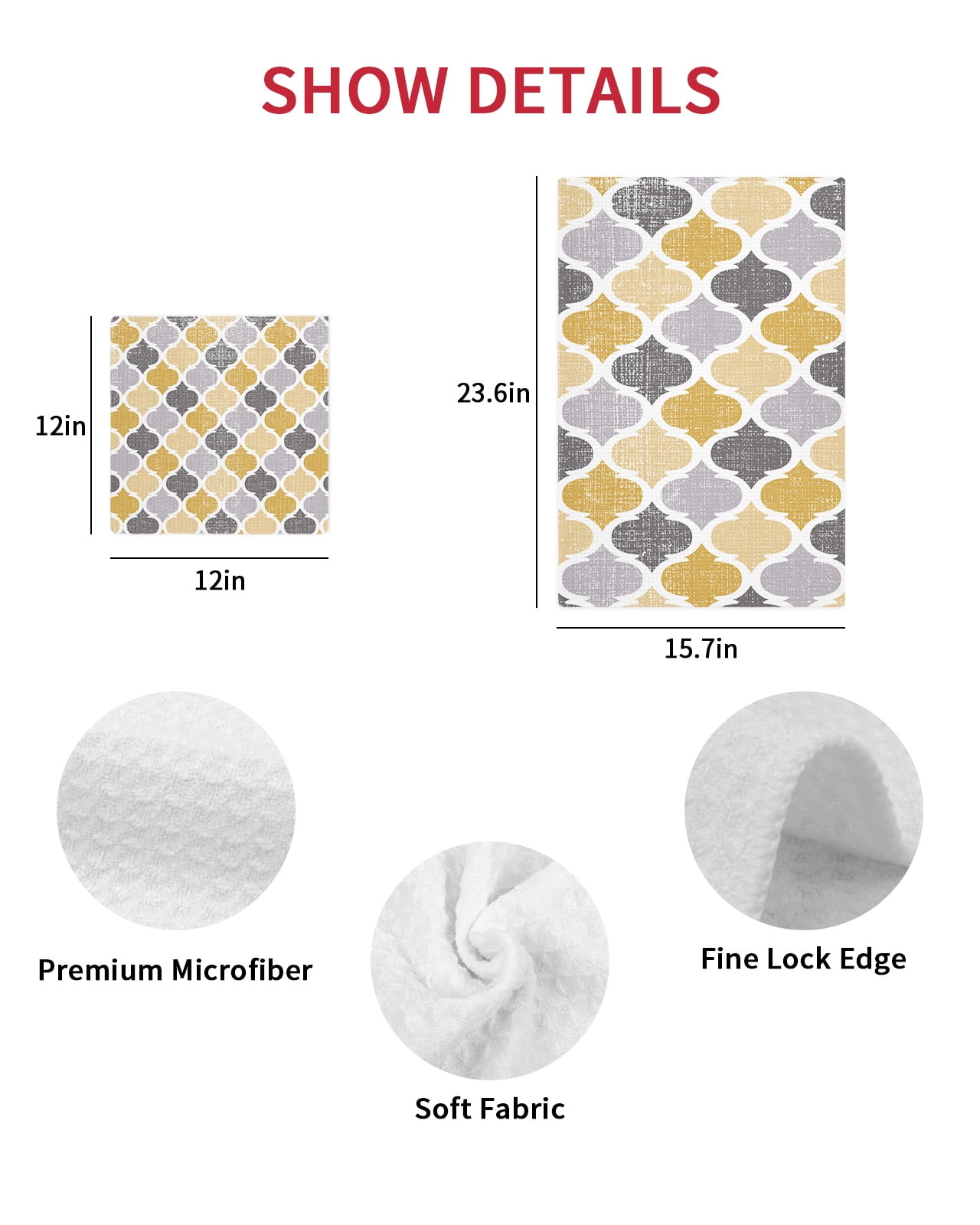 Moroccan Kitchen Dish Towels for Drying Dishes Set of 2, Vintage Moroccan Texture Yellow Grey Waffle Weave Microfiber Hand Tea Bathroom Towels Quick Dry & Absorbent Towel 15.7x23.6