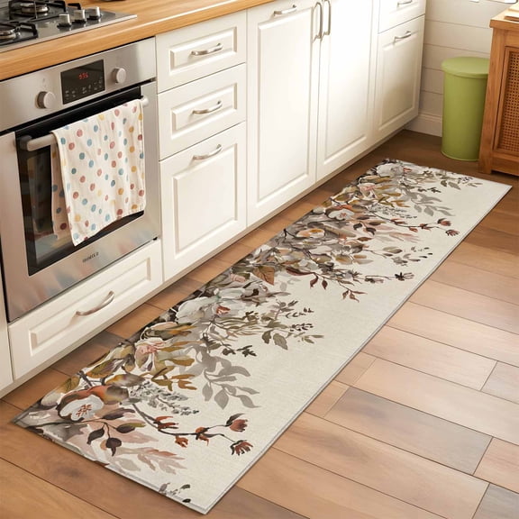2'x6' Rug Runners for Hallways Kitchen, Vintage Leaves Non Slip Entryway Beside Floor Carpet Runner, Farmhouse Botanical Floral Burlap Washable Laundry Room Bedroom Throw Rugs Mat for Family Pet