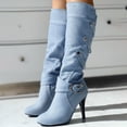 thumbnail image 2 of B91xZ Womens Fashion Boots Low Heel Round Toe Zipper Knee High Riding Boots,Light Blue 7, 2 of 5