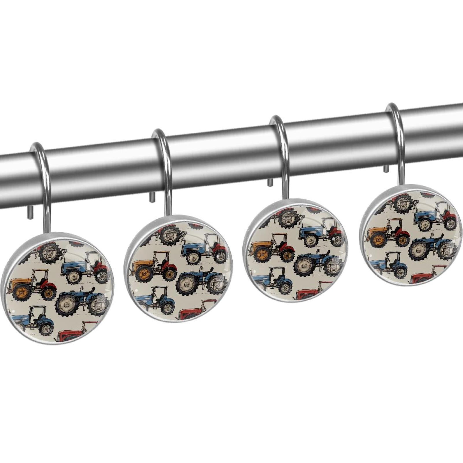 Tractors Farm Rolling Shower Curtain Hooks, Clear Crystal Glass Art Decorative Stainless Bath Bathroom Set 12 Pcs