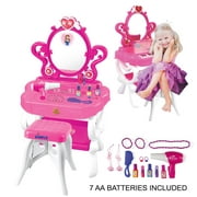 Dimple 2-in-1 Princess Pretend Play Vanity Set Table with Working Piano Beauty Set for Girls with Toy Makeup Cosmetics Accessories, Hair Dryer, Keyboard, Flashing Lights and more