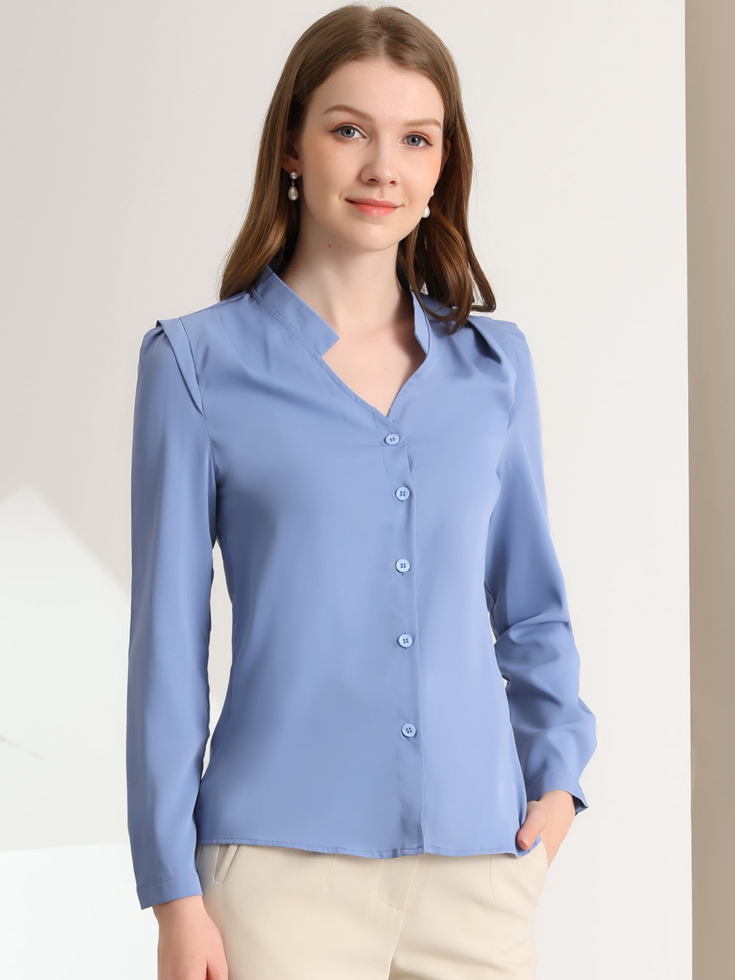 DARING DIVA Women's Elegant V Neck Long Sleeves Button Down Shirt L Blue
