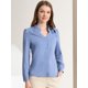 thumbnail image 2 of Elegante camisa abotonada cuello alto con escote en V recortado carrera primavera para mujer Azul L, 2 of 6