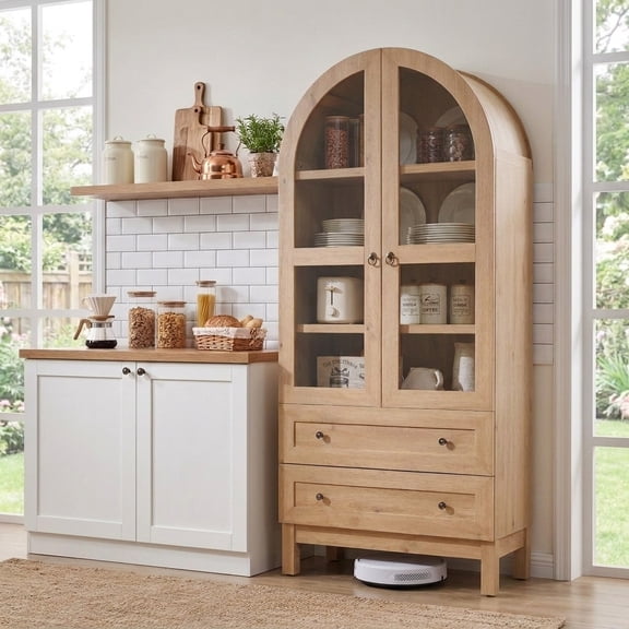 Aitjunz 71" Tall Arched Storage Cabinet with Glass Doors & 2 Drawers, Farmhouse Wood Pantry Cabinet w/ Adjustable Shelves for Bathroom, Kitchen & Living Room, Natural