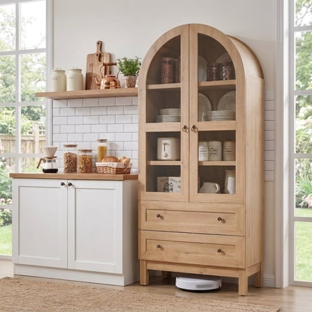 Aitjunz 71" Tall Arched Storage Cabinet with Glass Doors & 2 Drawers, Farmhouse Wood Pantry Cabinet w/ Adjustable Shelves for Bathroom, Kitchen & Living Room, Natural
