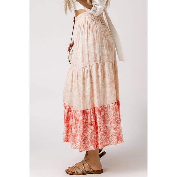 ABPHQTO Falda larga a capas con dobladillo con volantes y estampado floral rosa para mujer