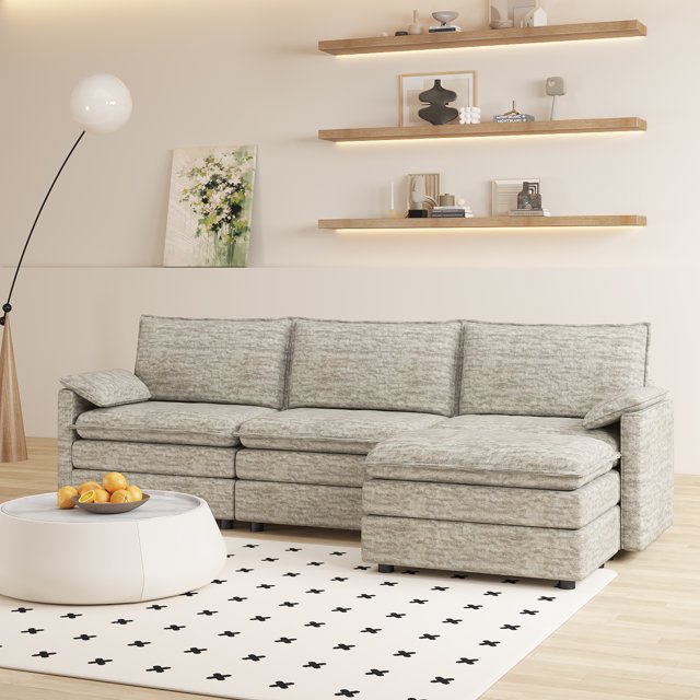 108" Modular Chenille Cloud Sectional with Ottoman, Extra-Deep l-Shape Sofa for Living Room & Apartment