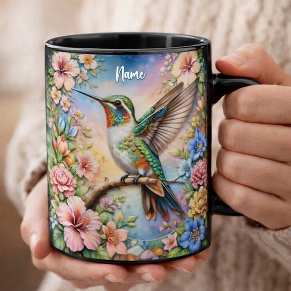 Lotusprinthandmade Personalized Hummingbird Ceramic Mug 11oz, Black