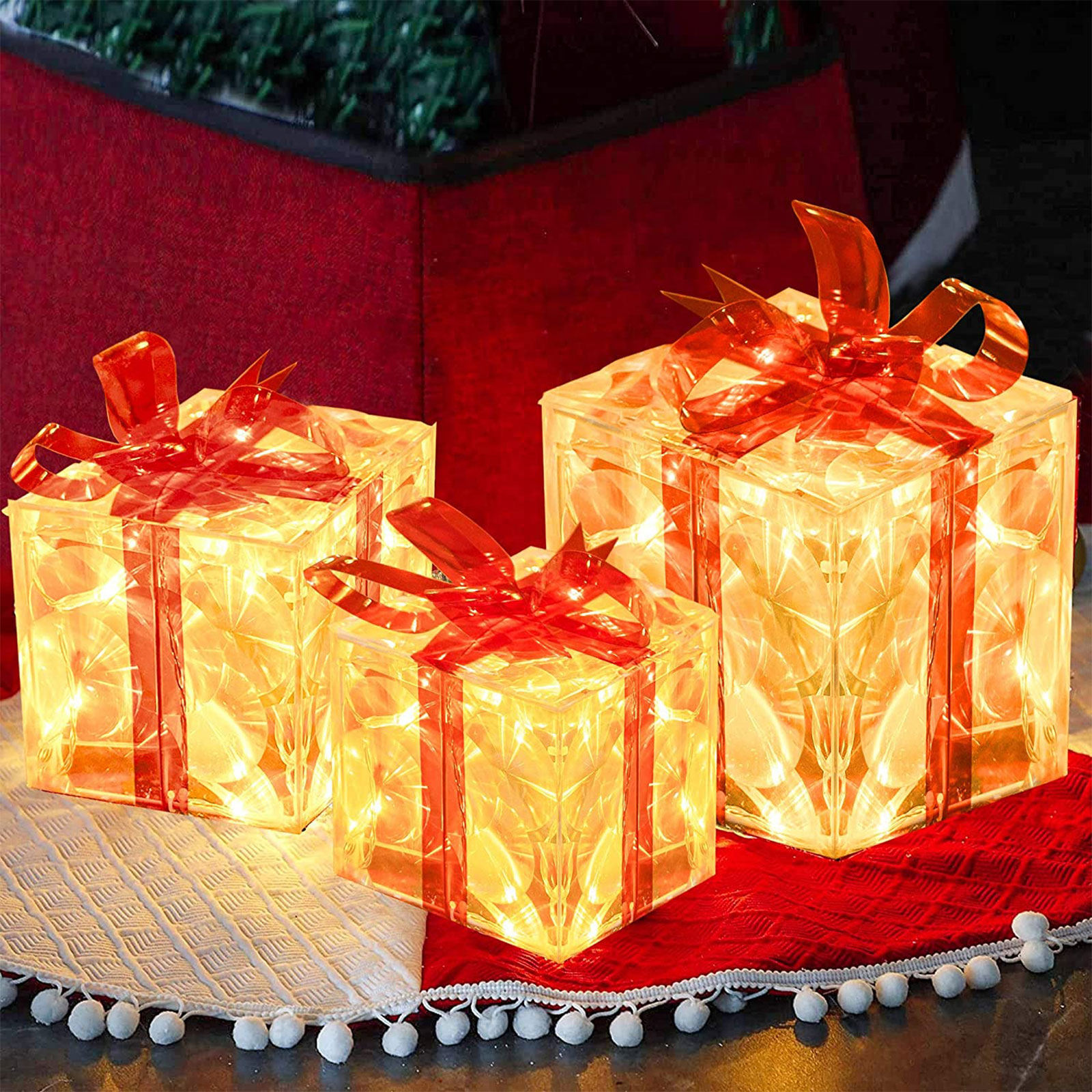 Set of 3 Christmas 60 LED Lighted Gift Boxes, Transparent Warm White