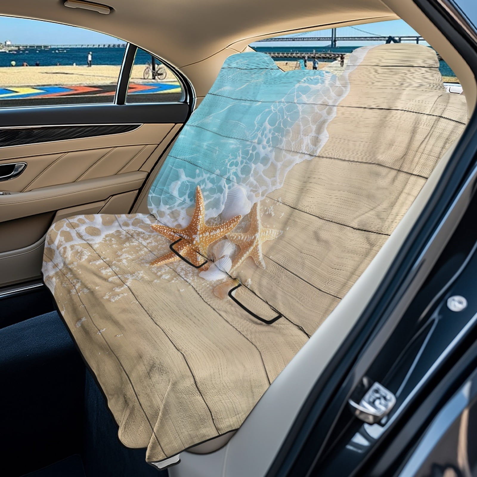 Xoenoiee Beach Starfish Seashell Wood Print Back Seat Cover Waterpoof Rear Bench Towel Seat Cover for Gym Swimming Surfing Running, Non-Slip Rear Seat Protector Universal Fits Auto Truck Van SUV