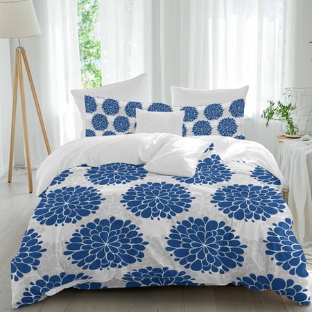 Abstract Dahlia Queen Size Comforter Set, Vintage Deep Blue Country Farmhouse Classic Bedding for All Seasons, 4 Pcs Bed Set, 1Quiltcover (90"x92") ,1Sheet(94"x116"), 2Pillowcases (30"x20")
