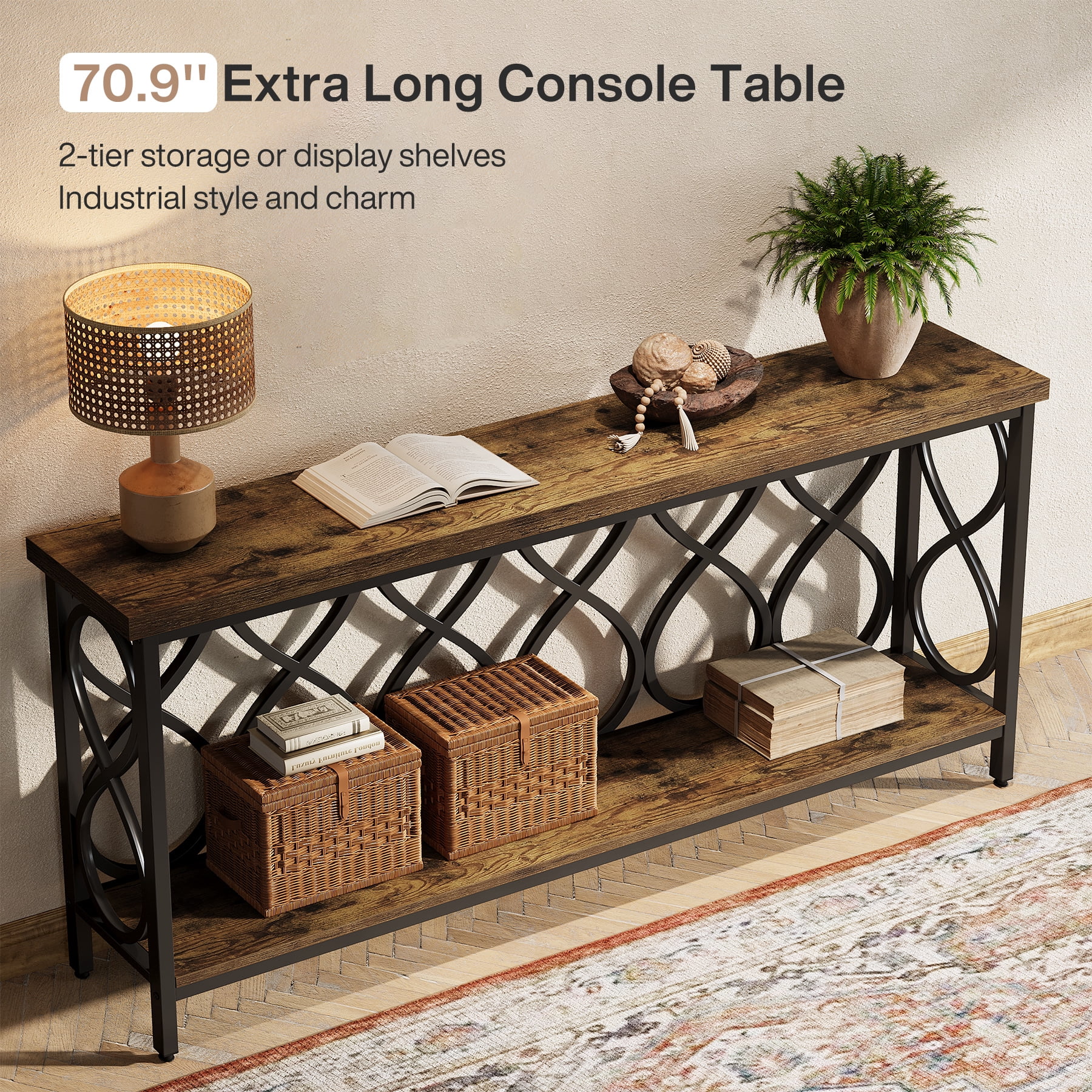 Tribesigns 70.9" Industrial Console Sofa Table, 2-Tier Entryway Accent Table Behind Couch for Living Room, Hallway, Entry, Rustic Brown