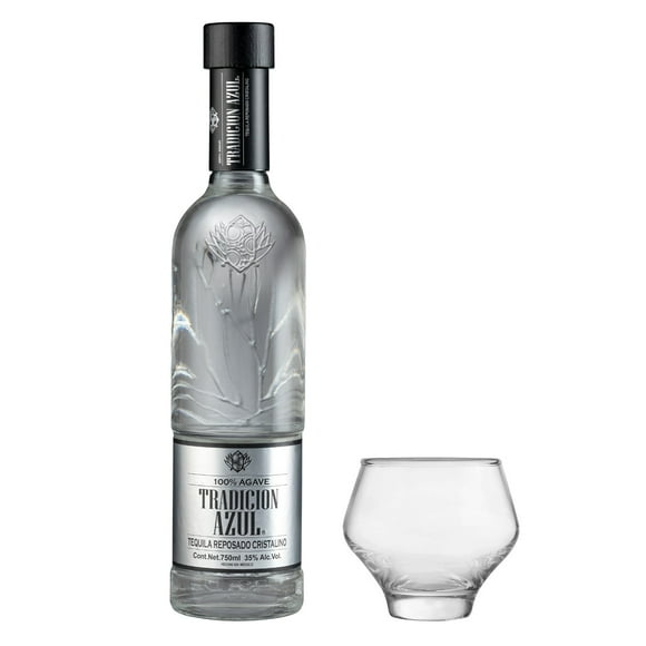 Tequila Tradición Azul Reposado Cristalino 750 Ml Con Vaso Tradición Azul Tequila Reposado Cristalino
