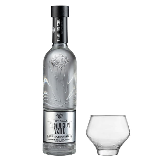 Tequila Tradición Azul Reposado Cristalino 750 Ml Con Vaso Tradición Azul Tequila Reposado Cristalino