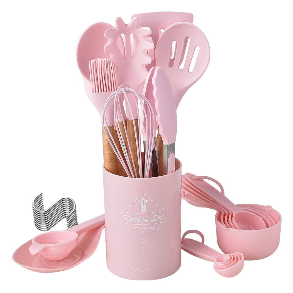 VIVAYO Kitchen Utensils Set, 32 Pcs Non-Stick Silicone Cooking Utensil Spatula Set with Holder, Wooden Handle Heat Resistance Silicon Kitchen Set with Ladle Whisk, Tongs, Measuring Cups, Spoons, Pink