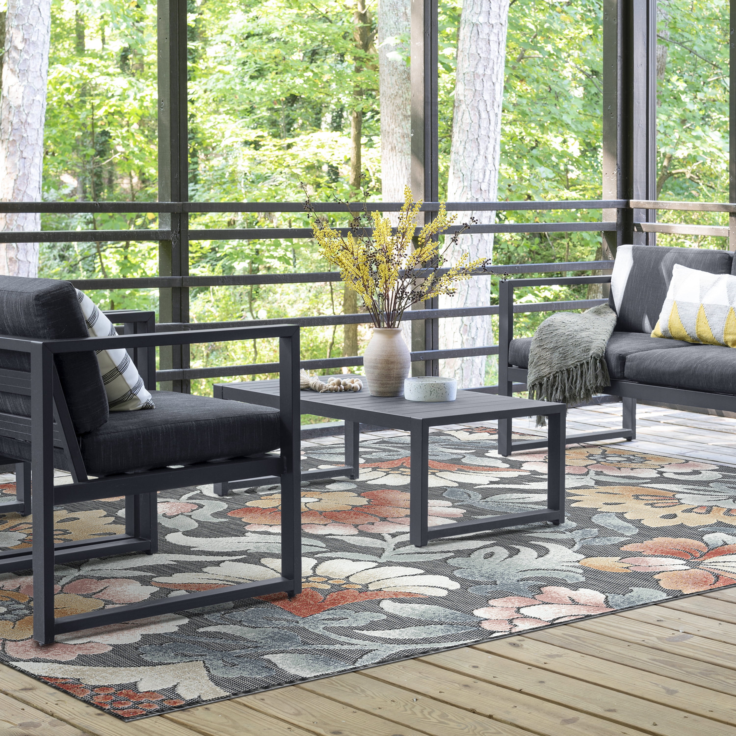 2x3 Water Resistant, Small Indoor Outdoor Rugs for Patios, Front Door Entry, Entryway, Deck, Porch, Balcony | Outside Area Rug for Patio | Black, Floral | Size: 1'11'' x 3'