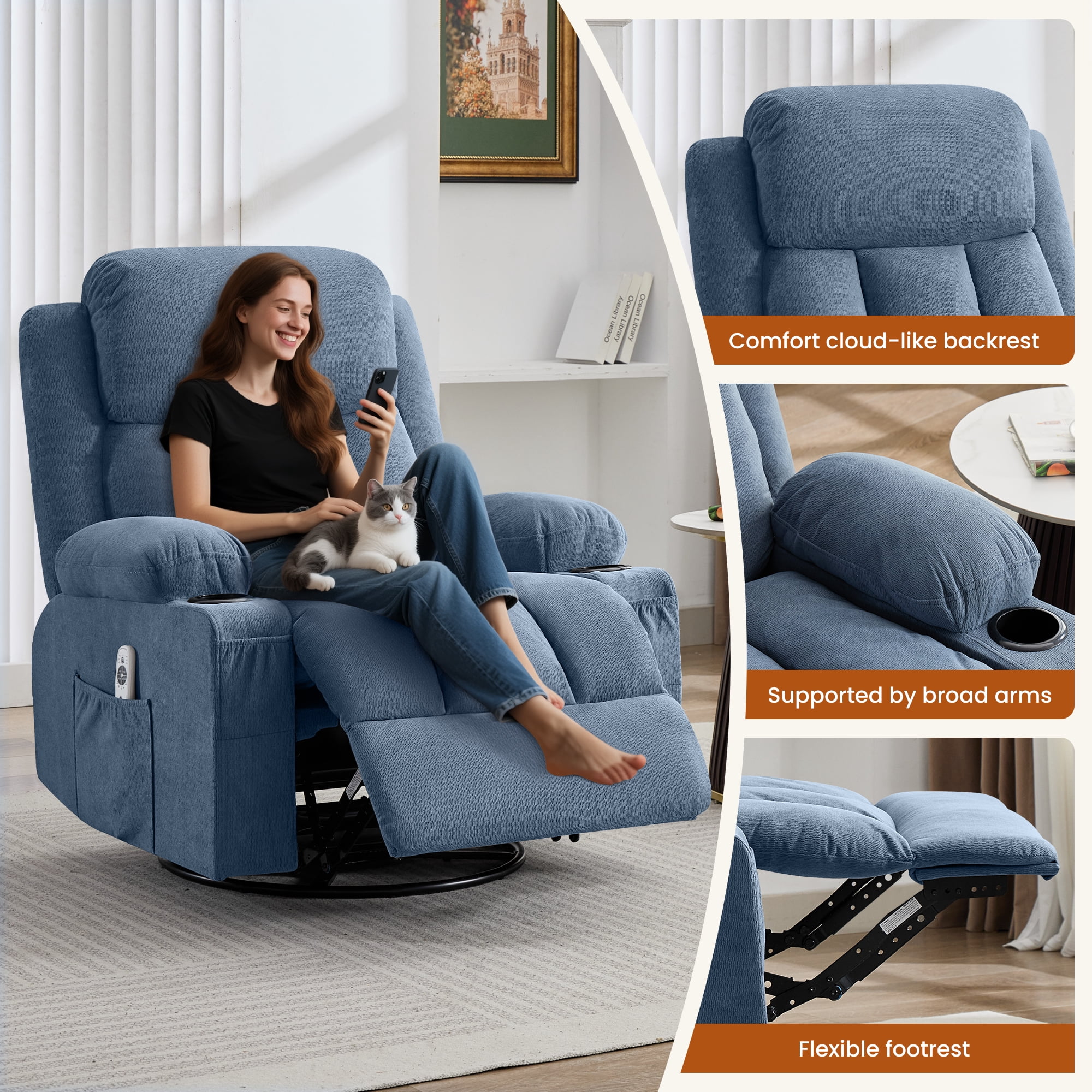 360° Swivel Rocker Manual Recliner Chair with Heat, Massage, USB Charge Port, cup holders