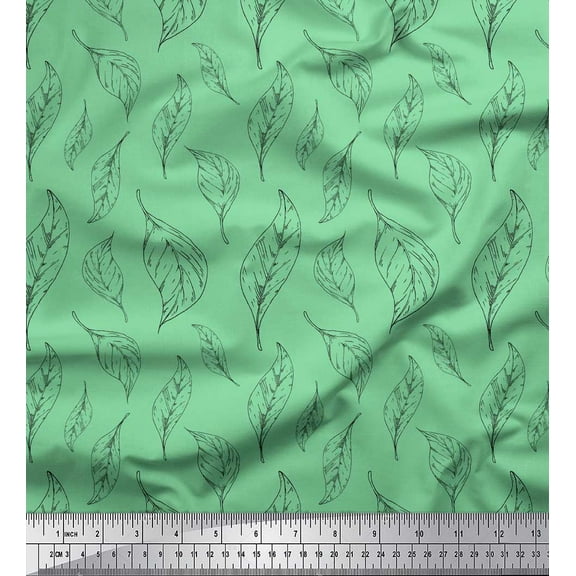 Soimoi Green Cotton Duck Fabric Pear Leaves Printed Fabric 1 Yard 44 Inch Wide