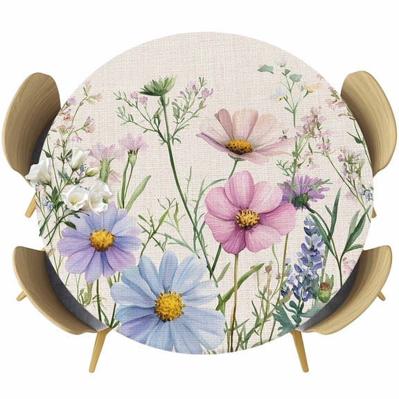 Round Table Cover 55-60 Inch Spring Floral Waterproof Reusable Table Cloth Round Fitted Vinyl Tablecloth with Elastic Edged for Parties Outdoors, Wildflowers Herbs Summer Botanical Vintage