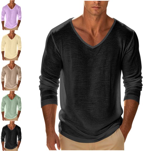 Danhjin Men's Shirts Cotton Long Sleeve Solid Color V Neck Pullover Top Fall Winter Loose Casual Comfy Fashion Lightweight Thin Shirts