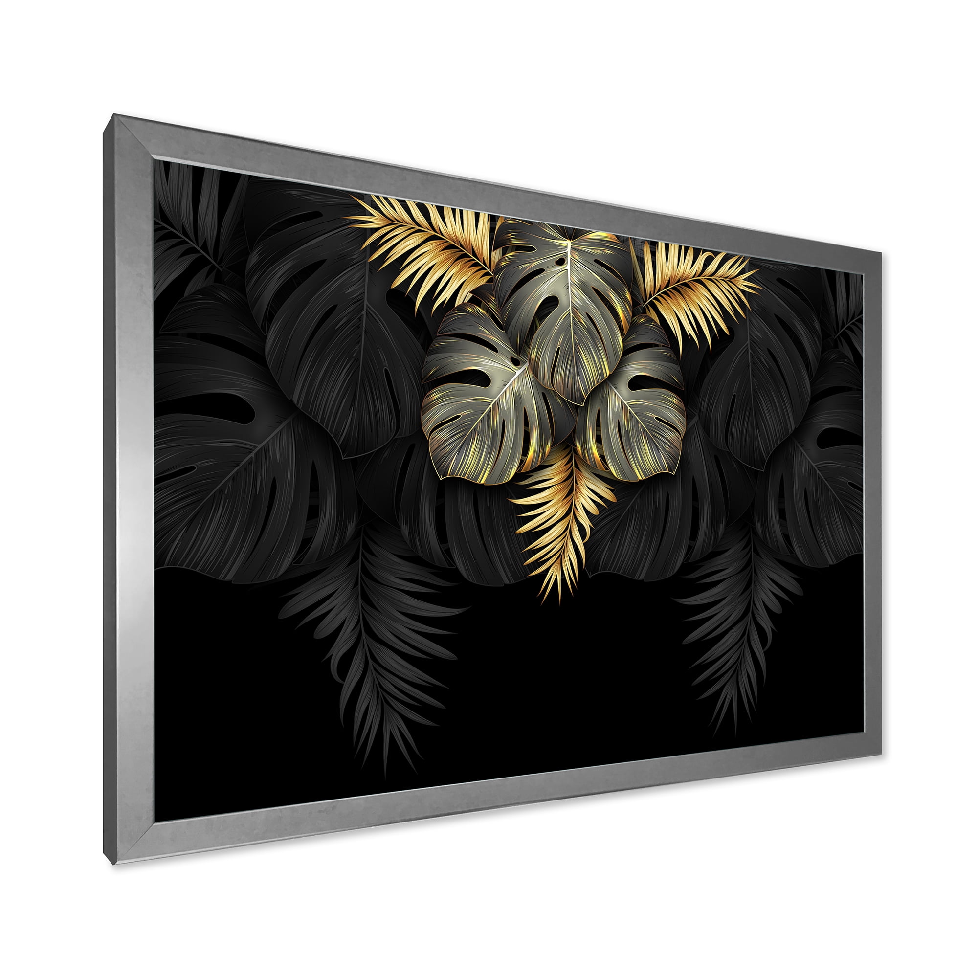 Designart 'Gold and Black Tropical Leaves IV' Modern Framed Art Print