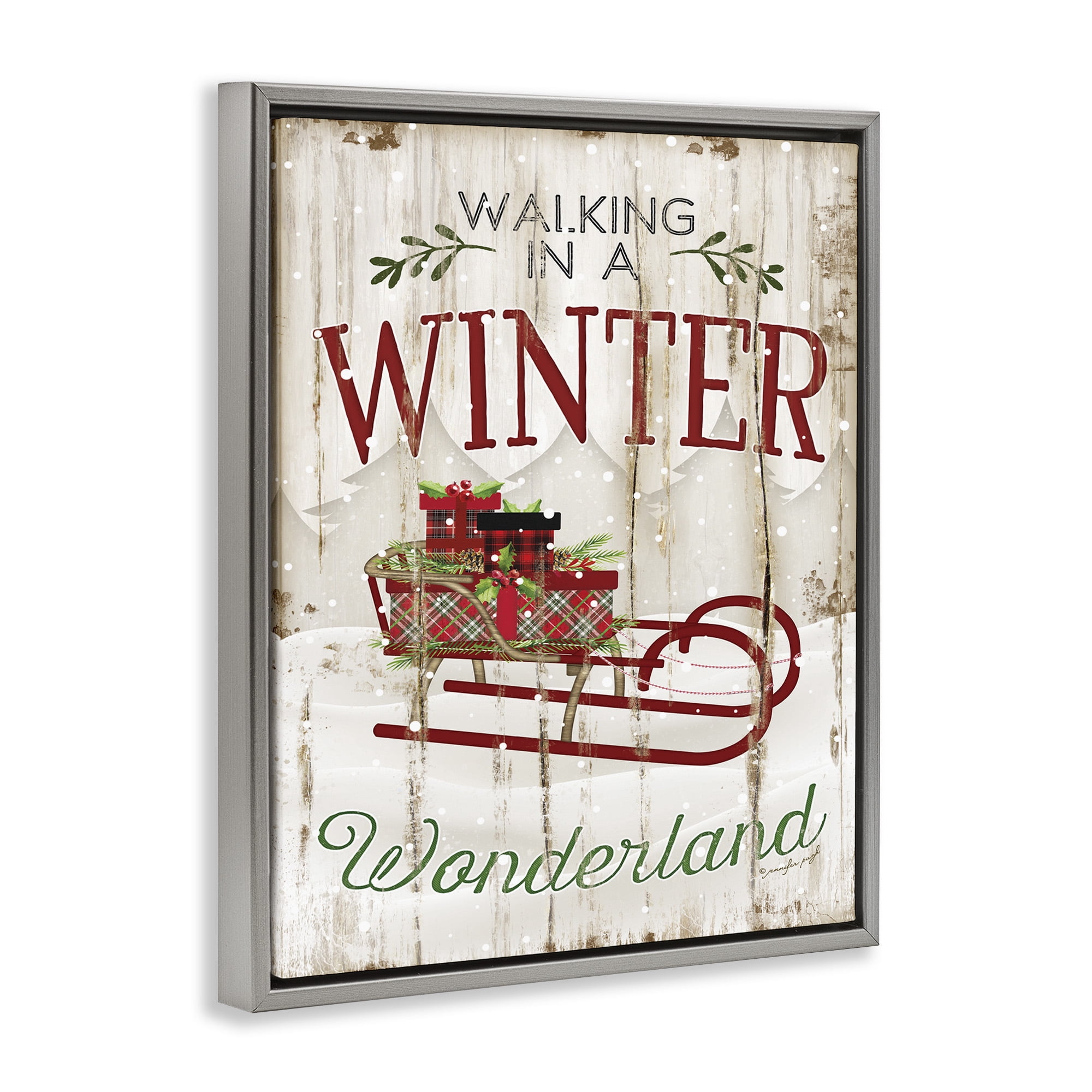 Stupell Industries Rustic Winter Wonderland Sleigh Holiday Painting Gray Floater Framed Canvas Art Print Wall Art, 17 x 21