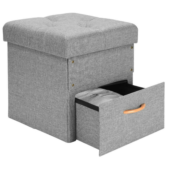17 Inch Folding Storage Ottoman Bench with One Drawer, Chest Foot Rest Stool Supports up to 440 lbs (Grey, 17"x16.5"x16.5")