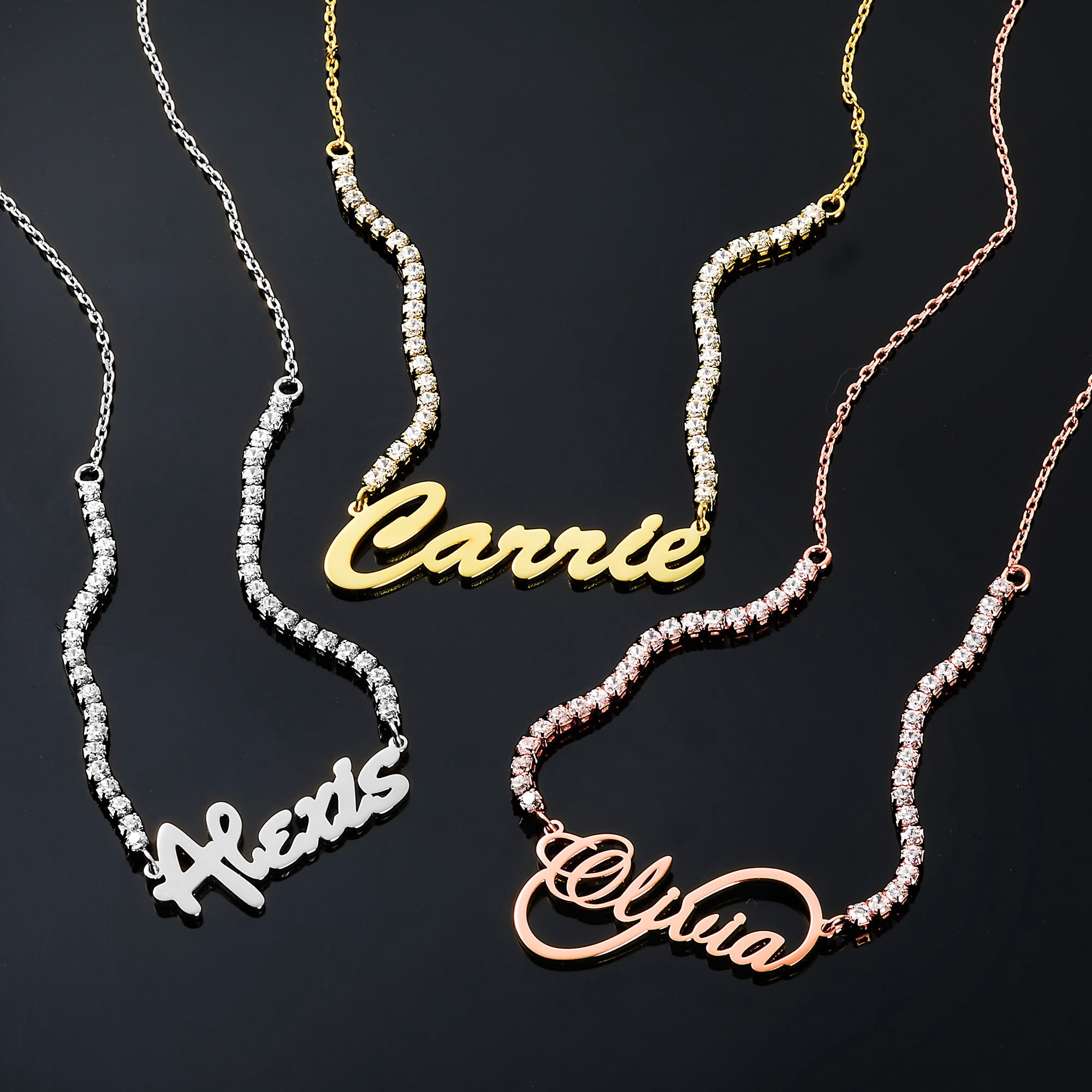 Personalized Planet Women's Hollywood Script Name Plaque CZ Chain Necklace