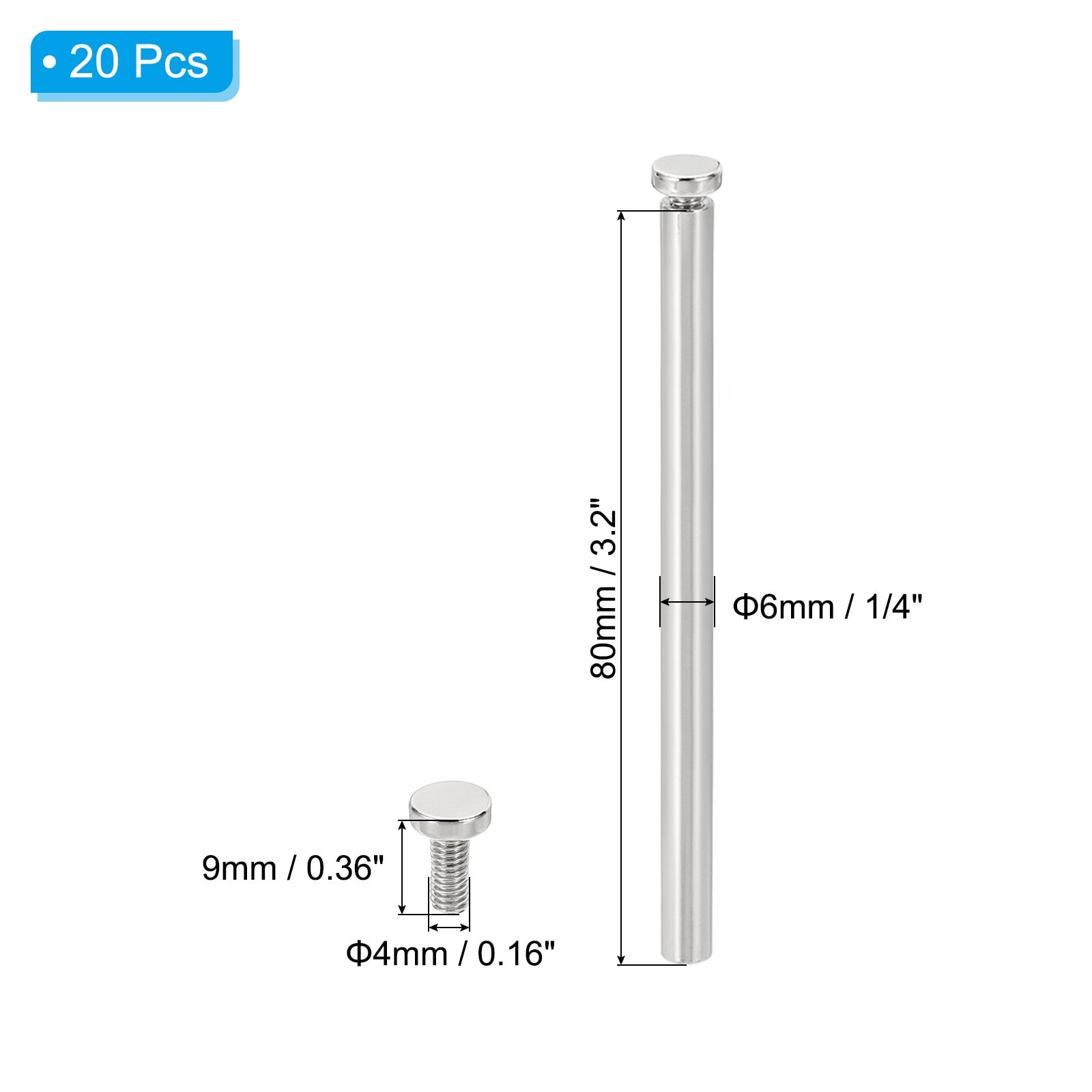 Uxcell 1/4 x 3.2 inch Sign Standoff Screws, 20 Pcs Stainless Steel Wall Standoff Mounting Hardware, Silver
