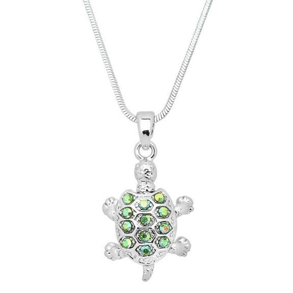 Turtle Pendant Necklace Rhinestone Crystal Rhodium Plated 17 Inch Snake Chain J0552-GAB