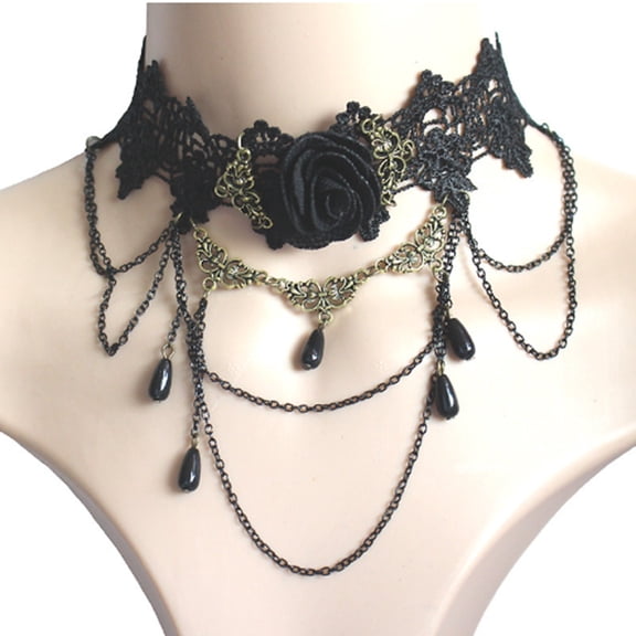 Dark Gothic Black Lace Choker Necklace For Women Fringe Pendant With Rose Charm Style Jewelry Accessory, Black