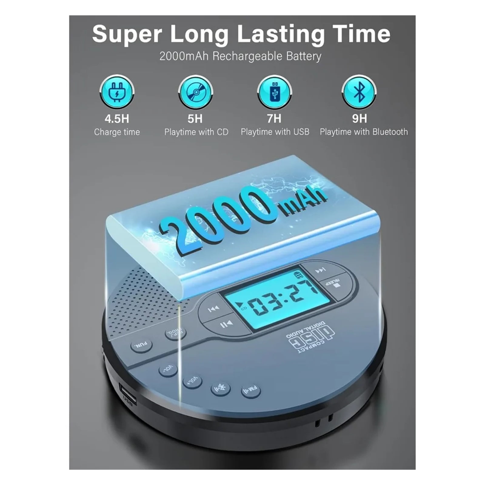 2000mAh Rechargeable CD Player with Bluetooth, FM, Headphones, LCD, AUX, Speaker