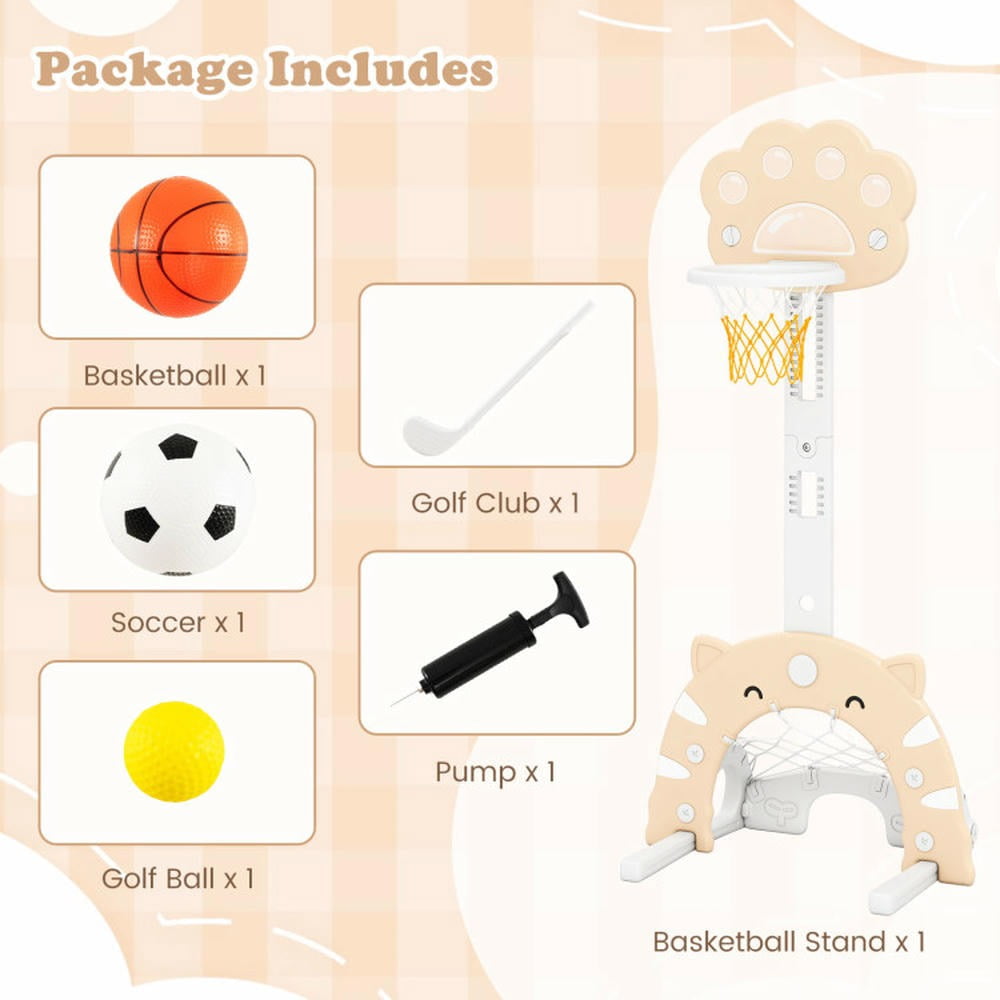 Barara King 3 in 1 Basketball Hoop with Basketball and Foldable Rim, Basketball Hoop Stand for Indoor, Outdoor, Beige