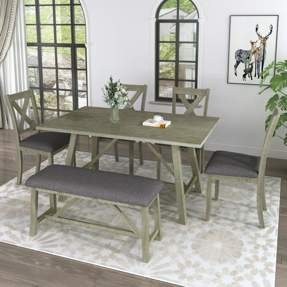 CLEARANCE! Modern 6 Pieces Dining Table Set, Wood Veneer Acacia Table Sets Rectangular Breakfast