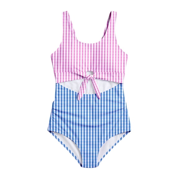 PRfgtbd Girls One Piece Swimsuit Plaid Color Block Hollow Out Swimwear For Tween Girls Bathing Suits Lightweight Beachwear Fashion Summer Outfit 9-10 Years