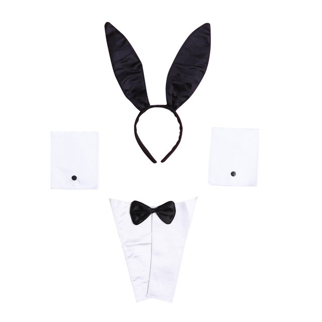KAKOWELY Rabbit Costume Kit Bunny Rabbit Costume Kit for Kids and Adults, featuring a black bunny ear headband, a black bowtie necktie, and two white wristbands with button accents. Made from soft fabric for comfort, this set is ideal for Halloween, Easter, or cosplay events. One size fits most.