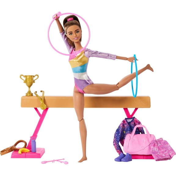 Barbie Gymnastics Playset with Brunette Fashion Doll, Balance Beam, 10  Accessories & Flip Feature
