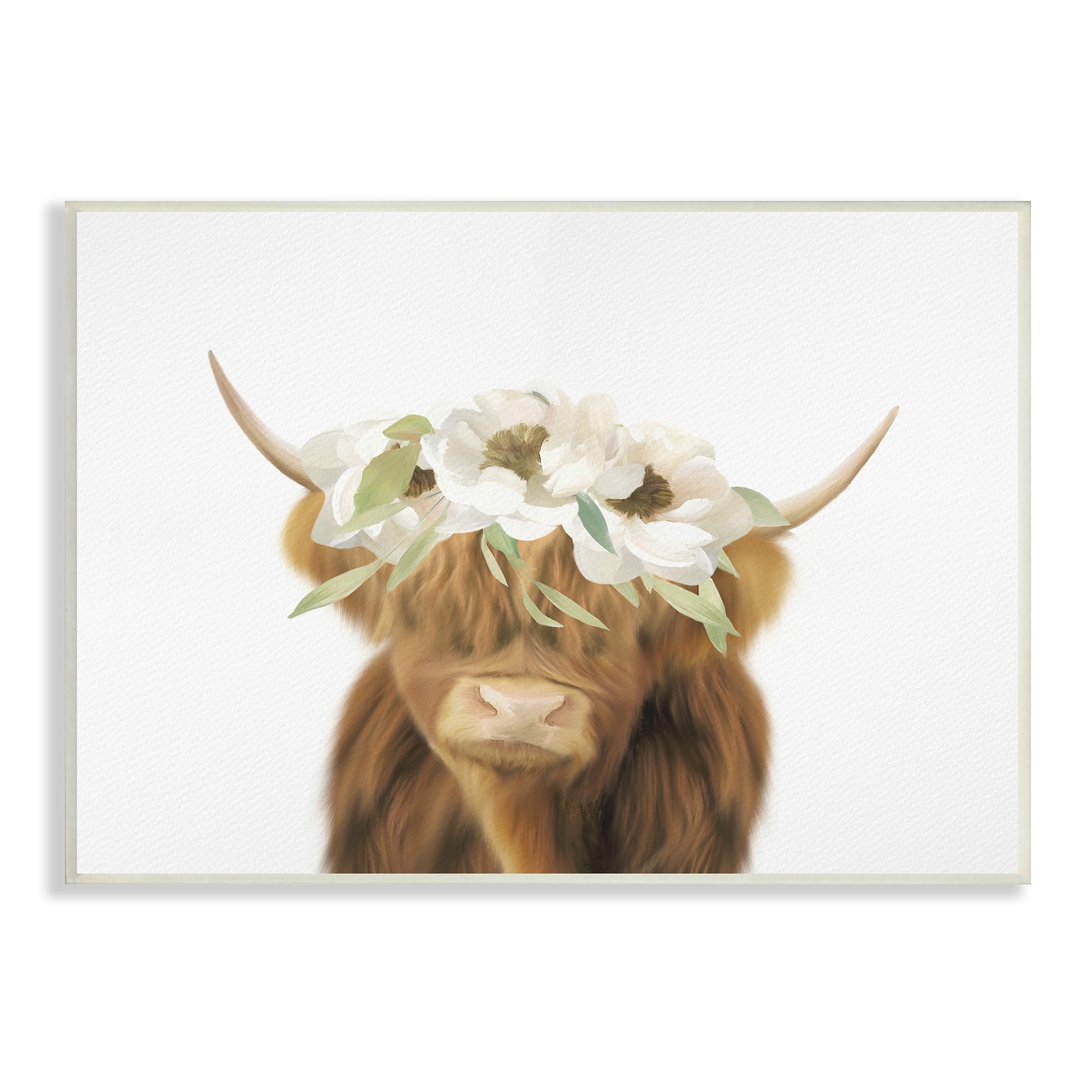 Stupell Industries Highland Cattle White Flower Crown Minimal Design Paintings Unframed Art Print Wall Art, 19x13, by Leah Straatsma