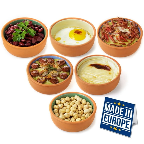 Crystalia Terracotta Cooking Bowl Set, Handmade Glazed Clay Pots for Oven and Table Use, Set of 6