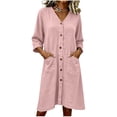 thumbnail image 2 of Yteetum Summer Dresses for Women Cotton Linen 3/4 Sleeve V Neck Button Dress Casual Solid Loose Breathable Qucikly Dry 3/4 Length Sleeve Tavel Vacation Midi Dresses, 2 of 7