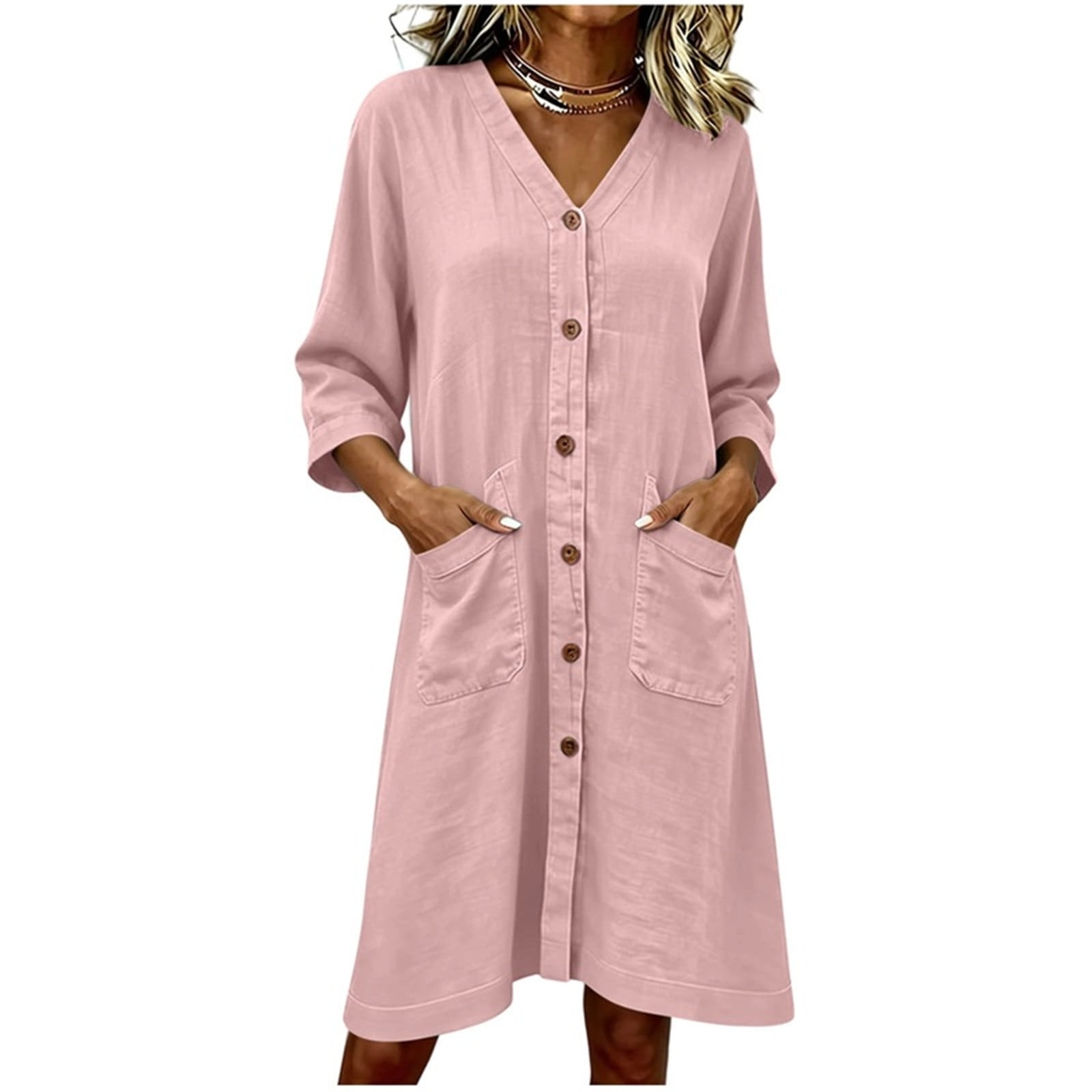 asdoklhq Wedding Guest Dresses for Women Holiday Casual Pocket 3/4 Sleeve V-Neck Button Button Linen Casual Pink XL