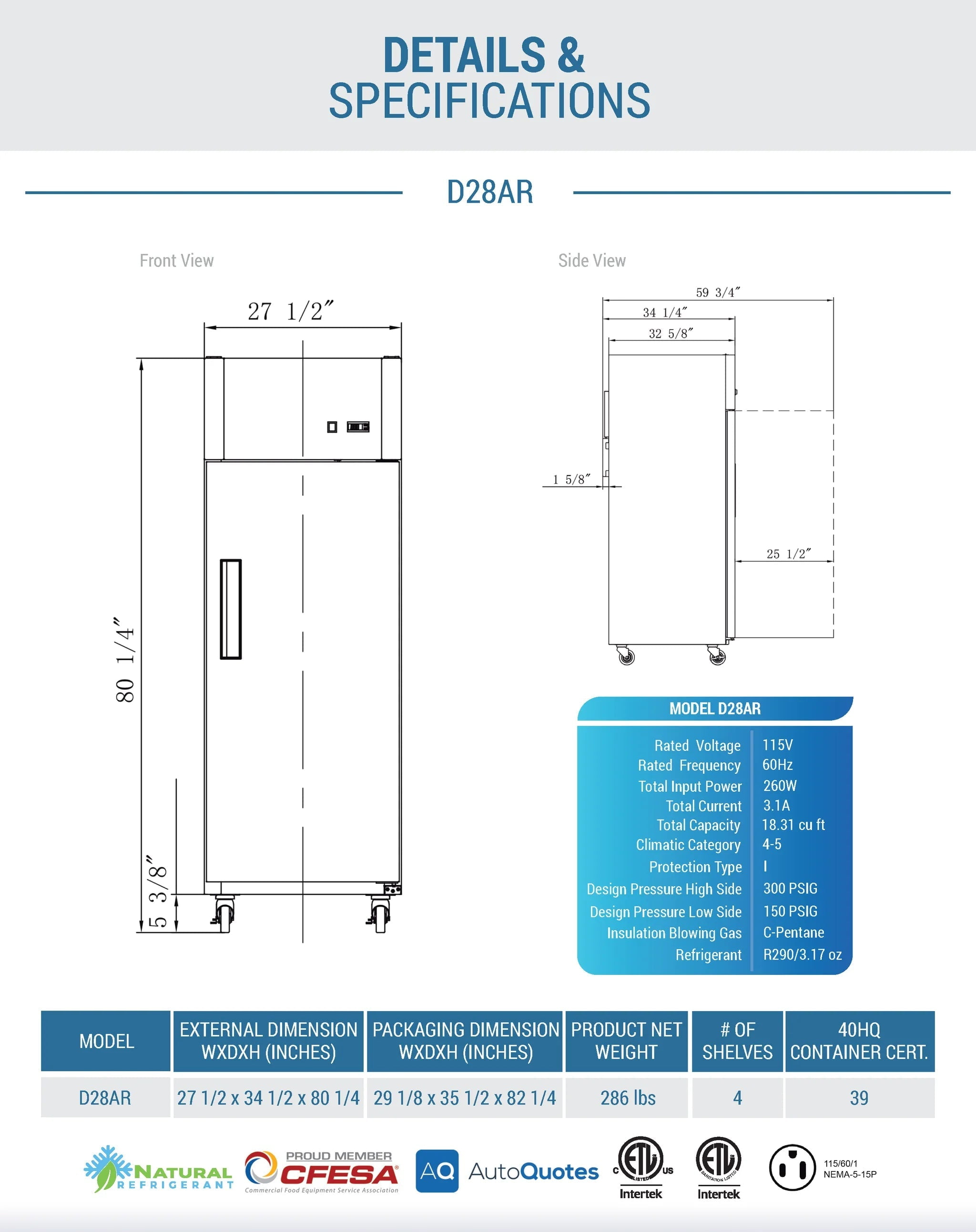 Dukers D28AR Commercial Single Door Refrigerator in Stainless Steel