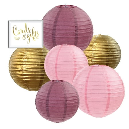 - Andaz Press Burgundy, Blush Pink, Gold Hanging Paper Lanterns Decorative Kit, 6-Pack with Free Gifts Table Party Sign