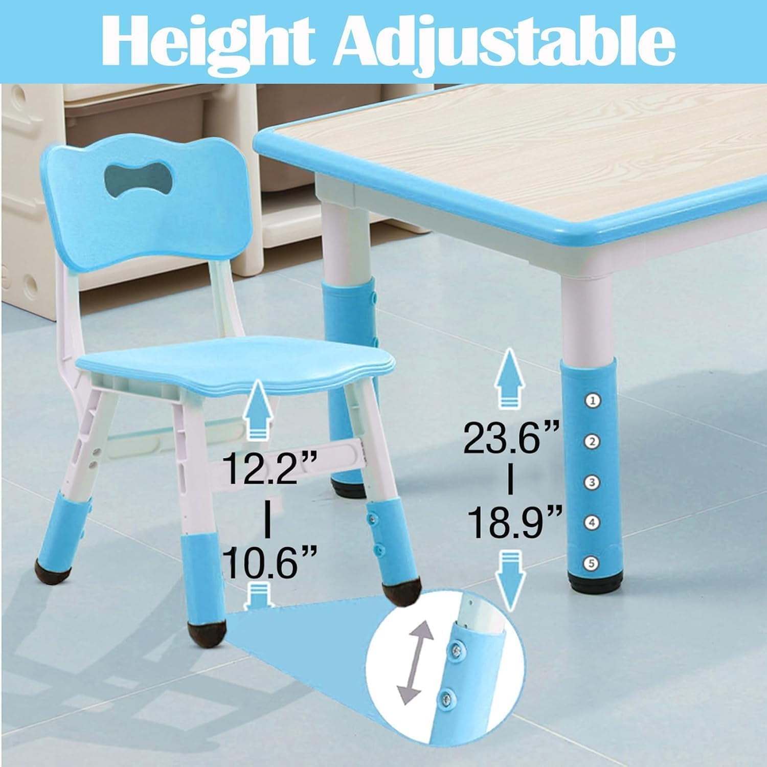 COZONY Adjustable Kids Table and 6 Chairs Set, Toddler Play Activity Table Set with Graffiti Desktop for Reading, Drawing, Eating, Studying, Aged for 2-10, Blue